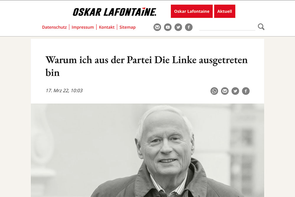 Mitgründer und Ex-Vorsitzender Oskar Lafontaine tritt aus Linkspartei aus